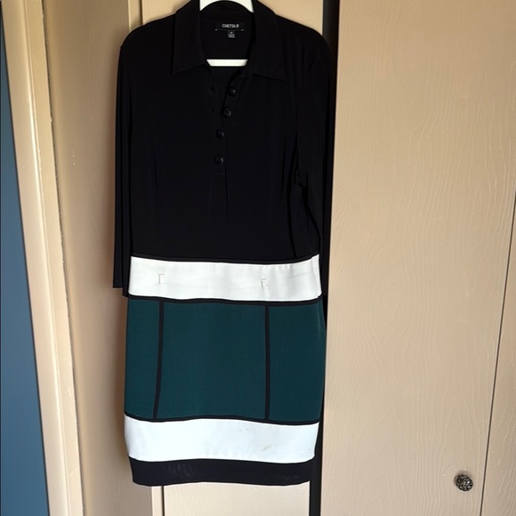 Black and Green Long Sleeve Color Block Career Dress - Picture 1 of 6